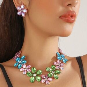 Elegant Austrian Crystal Flower Necklace Earrings Set Multi Color Gold S…